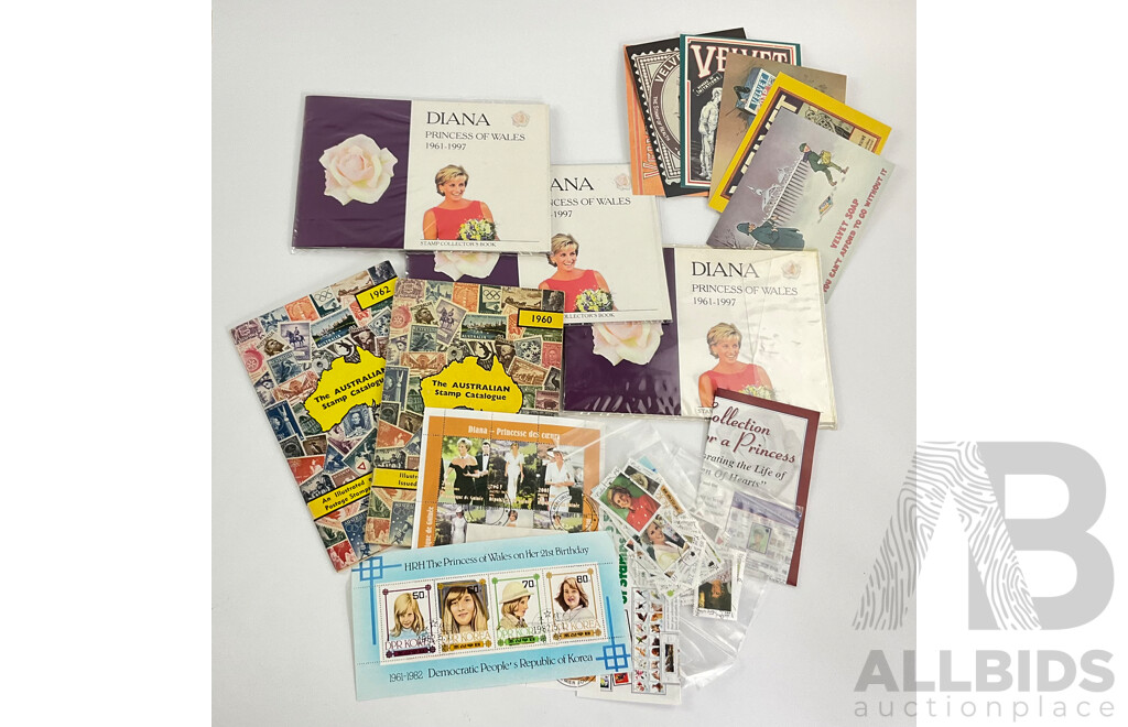 Three Diana Princess of Wales Stamp Collectors Books with Australian 1960 and 1962 Stamp Catalogues and Velvet Soap Postcards