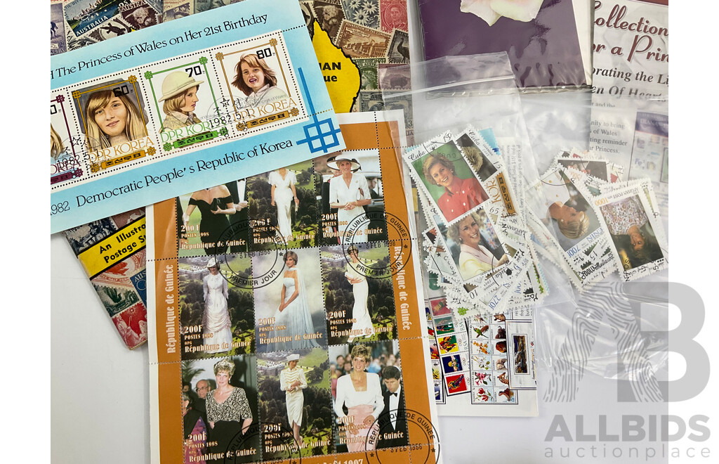 Three Diana Princess of Wales Stamp Collectors Books with Australian 1960 and 1962 Stamp Catalogues and Velvet Soap Postcards