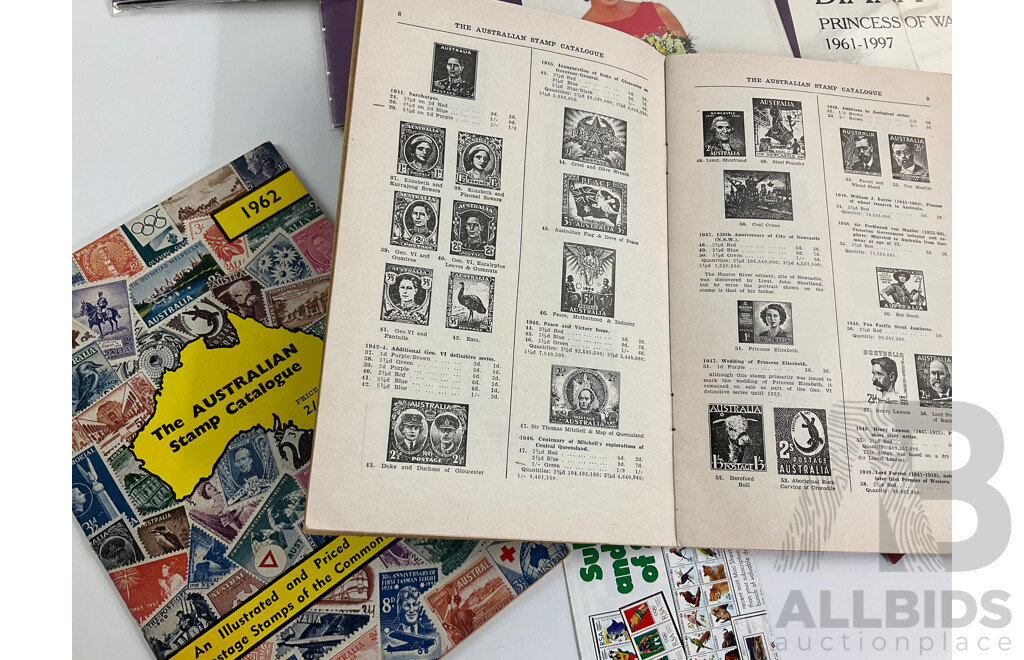 Three Diana Princess of Wales Stamp Collectors Books with Australian 1960 and 1962 Stamp Catalogues and Velvet Soap Postcards