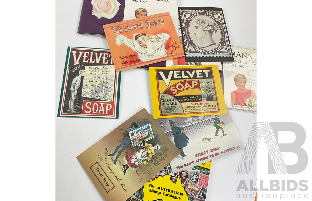 Three Diana Princess of Wales Stamp Collectors Books with Australian 1960 and 1962 Stamp Catalogues and Velvet Soap Postcards