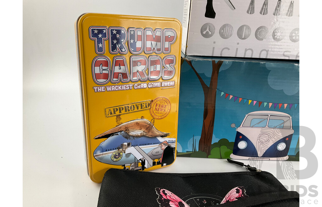 Boxed Trump Card Game, Boxed Avanti Cookie Press, Boxed VW Camper Van Tea Pot, Imperial Silver Plate Tea Pot, Vintage Country Life Cigarettes Tin, Seltmann Germany Tea Cup and Saucer, Leather Liverpool Coasters