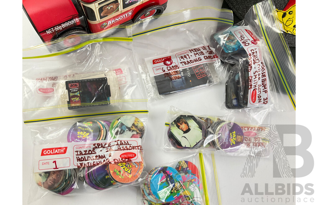 Collection of Vintage Tazos Including Looney Tunes, Space Jam, the Simpsons with Learn Yo Yo Kit, Pokemon Hat, Sonic the Hedge Hog Bag, Tiny Teddy and Flower Tins, Vintage Riders Shorts