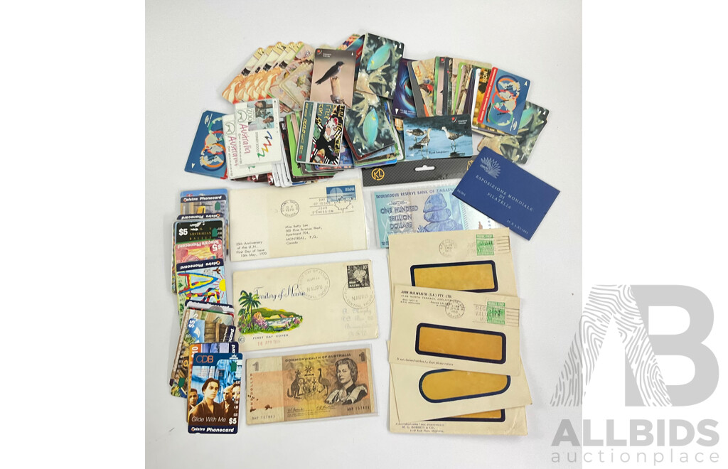 Australian 1968 One Dollar Note, Coombs/Randall, Australian and Singapore Phonecards 1950's Message Cancel Stamped Envelopes, Nauru and Canada First Day Covers, Zimbawe Novelty Banknote