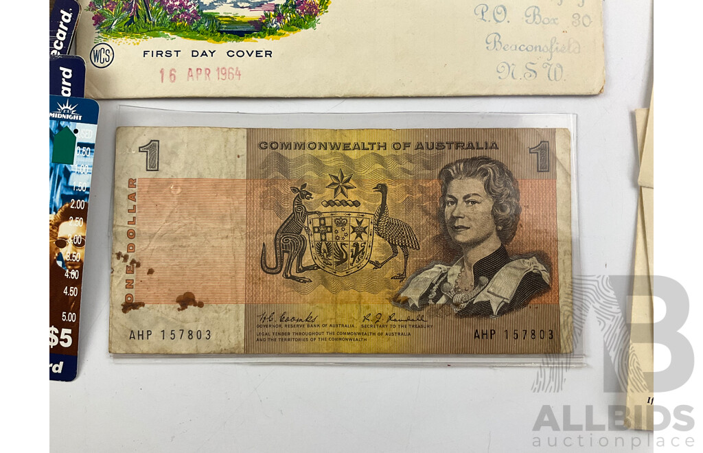 Australian 1968 One Dollar Note, Coombs/Randall, Australian and Singapore Phonecards 1950's Message Cancel Stamped Envelopes, Nauru and Canada First Day Covers, Zimbawe Novelty Banknote