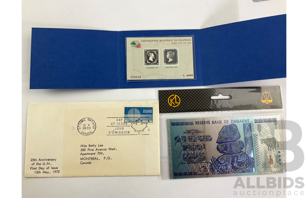 Australian 1968 One Dollar Note, Coombs/Randall, Australian and Singapore Phonecards 1950's Message Cancel Stamped Envelopes, Nauru and Canada First Day Covers, Zimbawe Novelty Banknote