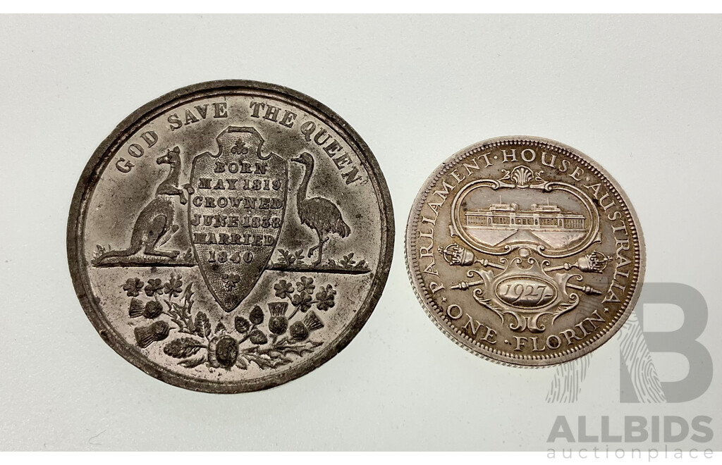 Australian 1927 KGV Silver Florin, Canberra Commemorative with 1887 Queen Victoria Jubilee Commemorative Medal