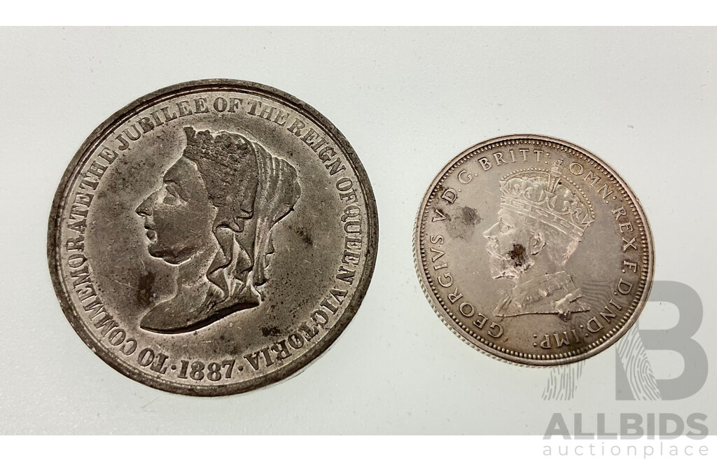 Australian 1927 KGV Silver Florin, Canberra Commemorative with 1887 Queen Victoria Jubilee Commemorative Medal