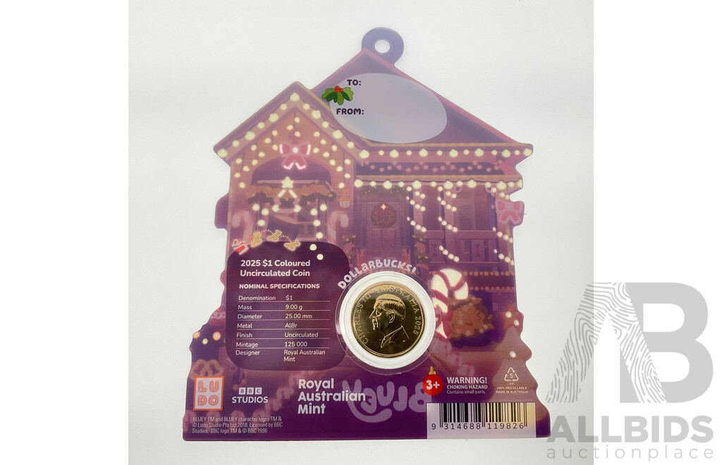 Australian RAM 2025 UNC Commemorative One Dollar Coin, Christmas Bluey Buck