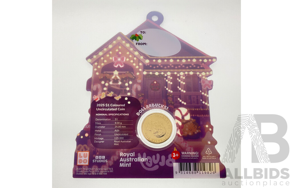 Australian RAM 2025 UNC Commemorative One Dollar Coin, Christmas Bluey Buck