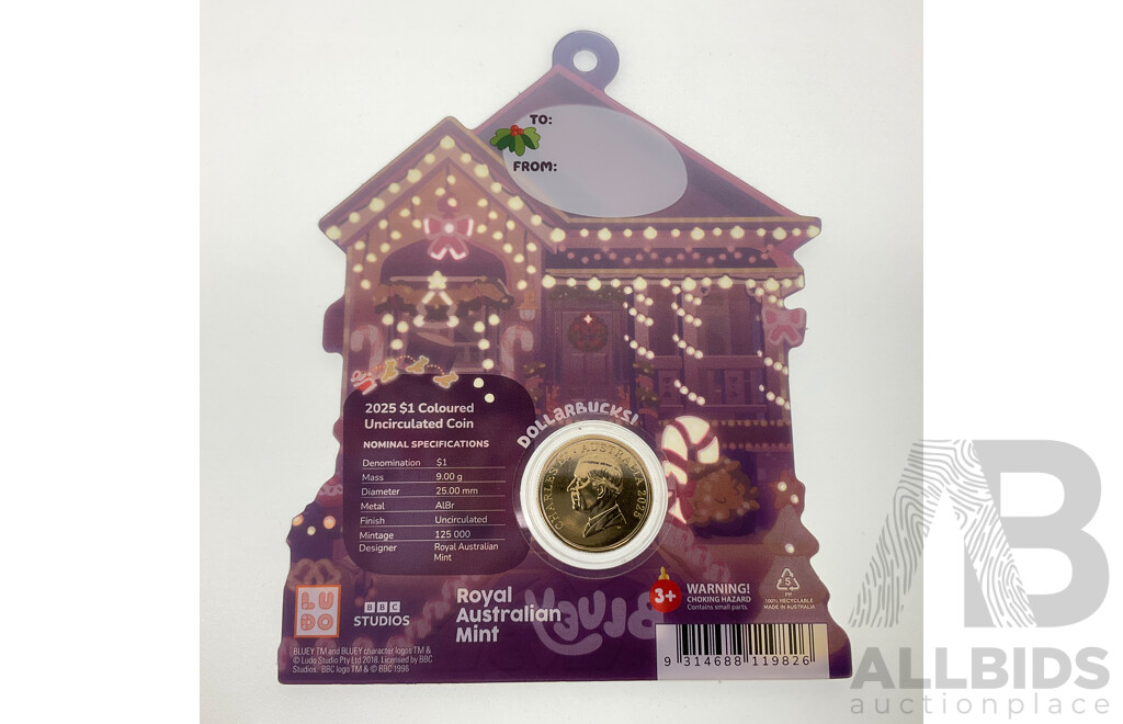 Australian RAM 2025 UNC Commemorative One Dollar Coin, Christmas Bluey Buck