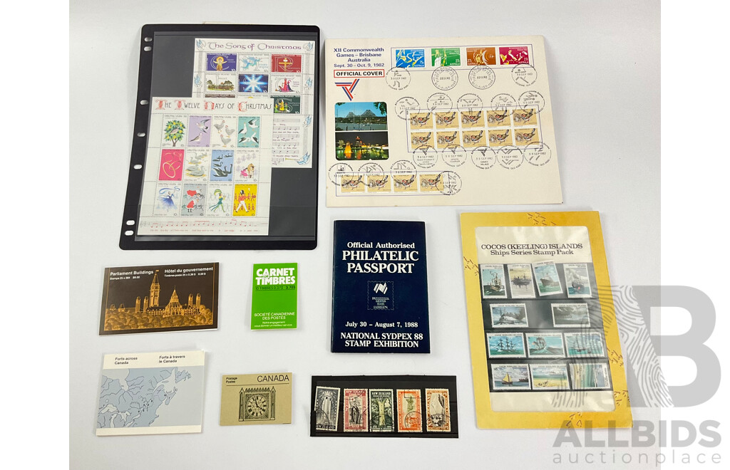 Collection of Commonwealth Countries Stamps Including Mint Christmas Islands 1977 Mini Sheets, Canada Mint Stamp Booklets, New Zealand 1930's 40's, Cocos Island Mint Stamp Pack, 1988 Philatelic Pass Port...........