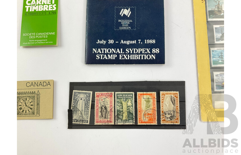 Collection of Commonwealth Countries Stamps Including Mint Christmas Islands 1977 Mini Sheets, Canada Mint Stamp Booklets, New Zealand 1930's 40's, Cocos Island Mint Stamp Pack, 1988 Philatelic Pass Port...........