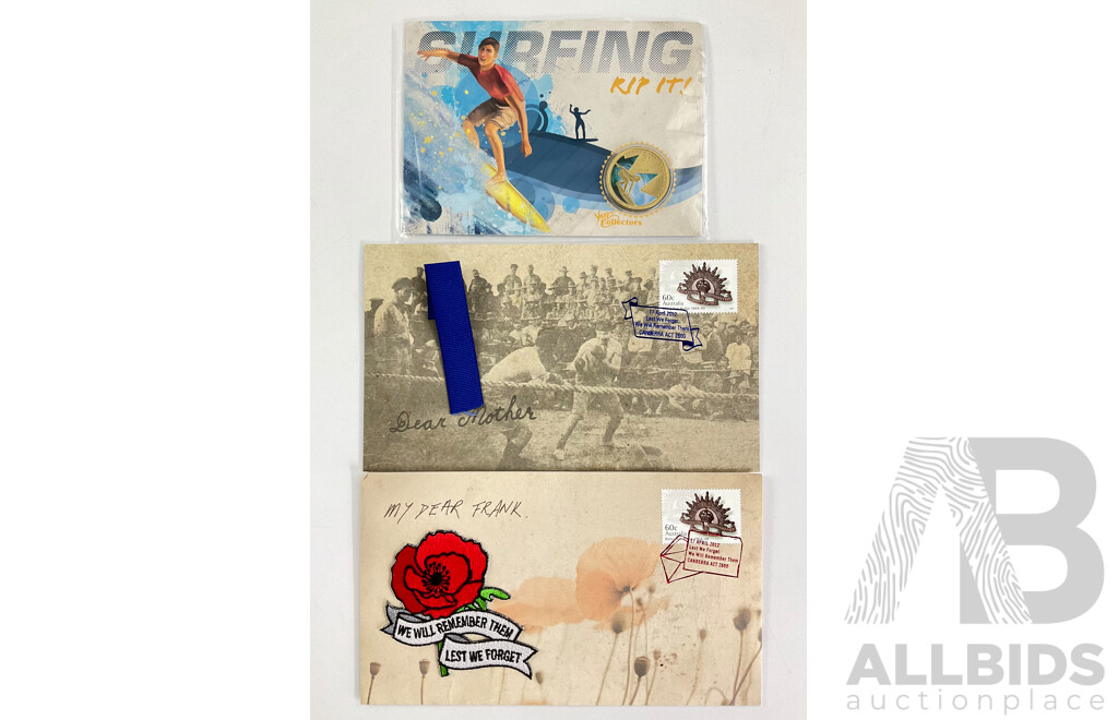 Australian Perth Mint 2013 One Dollar, Surfing - Rip It! 2012 We Will Remember Them and Dear Mother PNCs