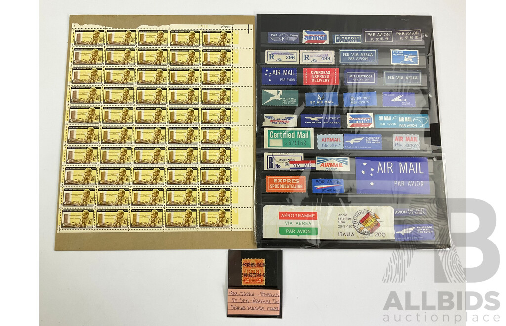 USA Mint Stamp Sheet, Four Cent Dag Hammarskjold, Collection of Air Mail Stamps, Japan 1909 Revenue Stamp