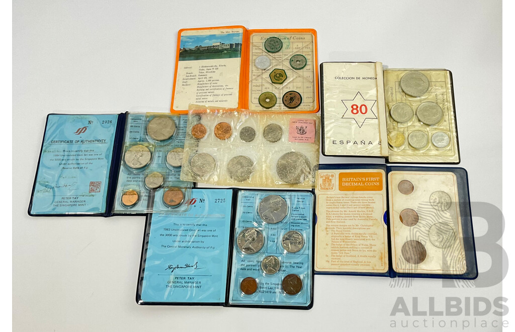 Seven UNC Coin Sets Including Britains First Decimal Coins, Japan Mint Breau, New Zealand 1967, Spain 1980,  Fiji 1983 and 1984
