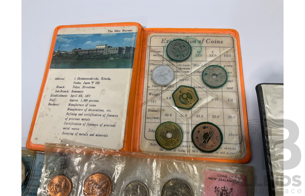 Seven UNC Coin Sets Including Britains First Decimal Coins, Japan Mint Breau, New Zealand 1967, Spain 1980,  Fiji 1983 and 1984