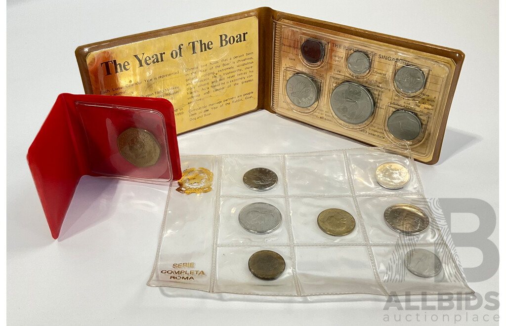 Singapore 1983 UNC Coin Set, Samoa 1984 UNC One Dollar, Seven Italian UNC Coins