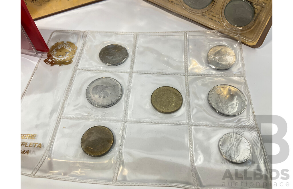 Singapore 1983 UNC Coin Set, Samoa 1984 UNC One Dollar, Seven Italian UNC Coins