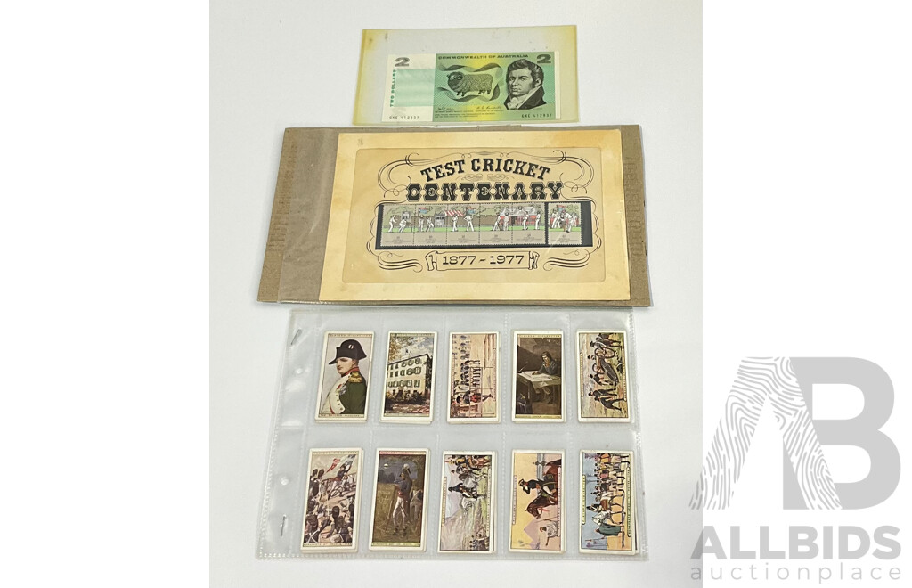 Australian 1968 COA Two Dollar Note, Phillips/Randall, 1977 Test Centenary Stamp Block with 1915 John Player Napoleon Cigarette Card Set