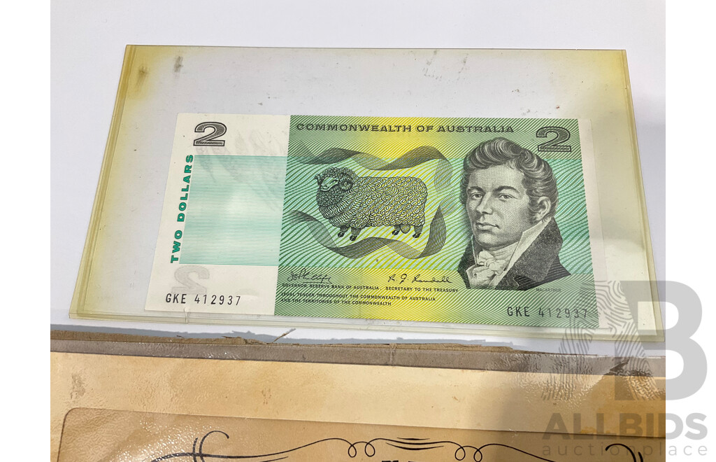 Australian 1968 COA Two Dollar Note, Phillips/Randall, 1977 Test Centenary Stamp Block with 1915 John Player Napoleon Cigarette Card Set