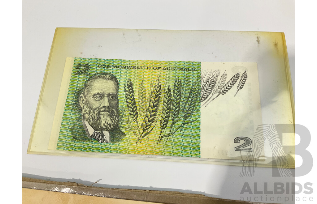 Australian 1968 COA Two Dollar Note, Phillips/Randall, 1977 Test Centenary Stamp Block with 1915 John Player Napoleon Cigarette Card Set