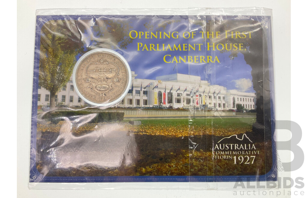 Australian 1927 KGV Silver Florin, Commemorative Canberra on Presentation Card .925