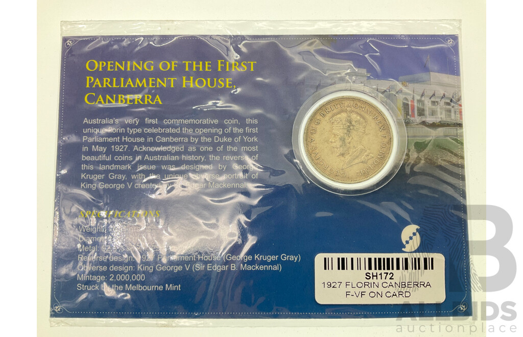 Australian 1927 KGV Silver Florin, Commemorative Canberra on Presentation Card .925