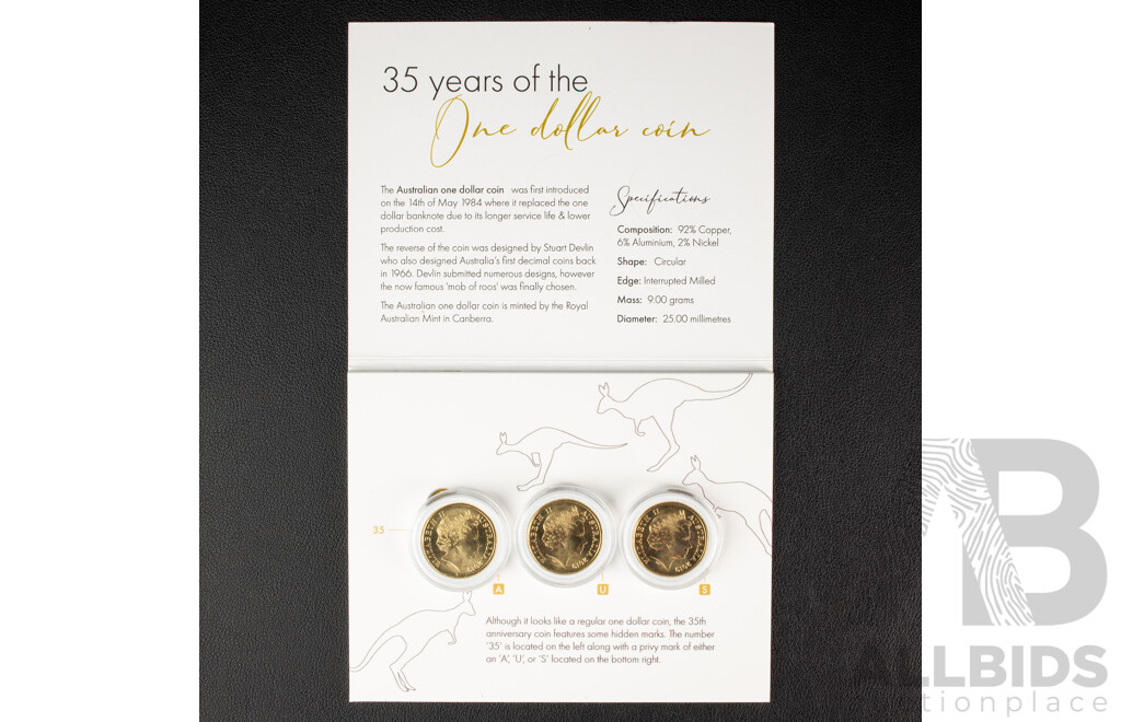 Three Australian 2019 One Dollar Coins Commemorating Thirty Five Years of the One Dollar Coin with A, U, S and 35 Privy Marks