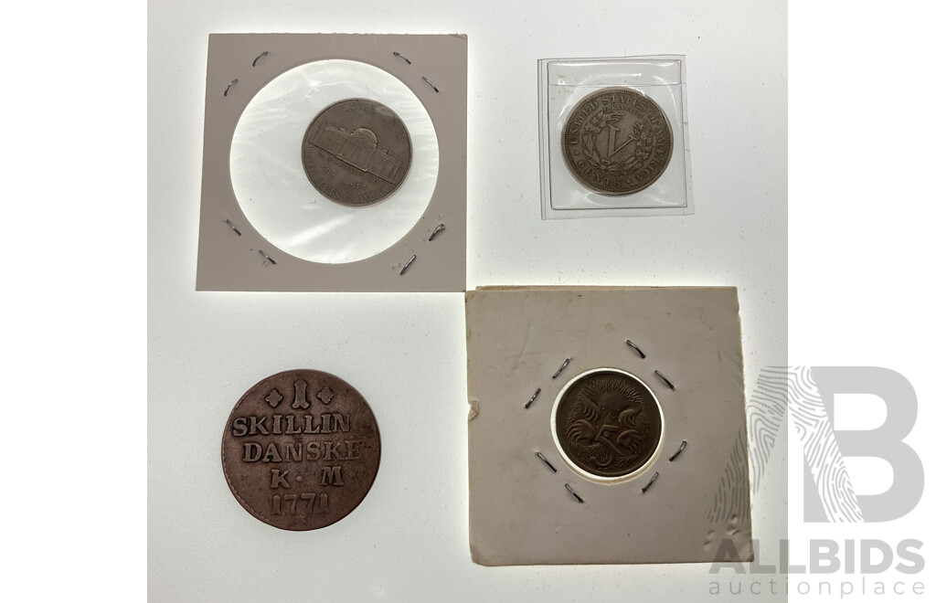 USA 1904 Liberty V Nickle, 1945 Jefferson Nickle, Denmark 1771 One Skilling Coin, Australian 1972 Five Cent
