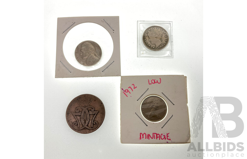 USA 1904 Liberty V Nickle, 1945 Jefferson Nickle, Denmark 1771 One Skilling Coin, Australian 1972 Five Cent