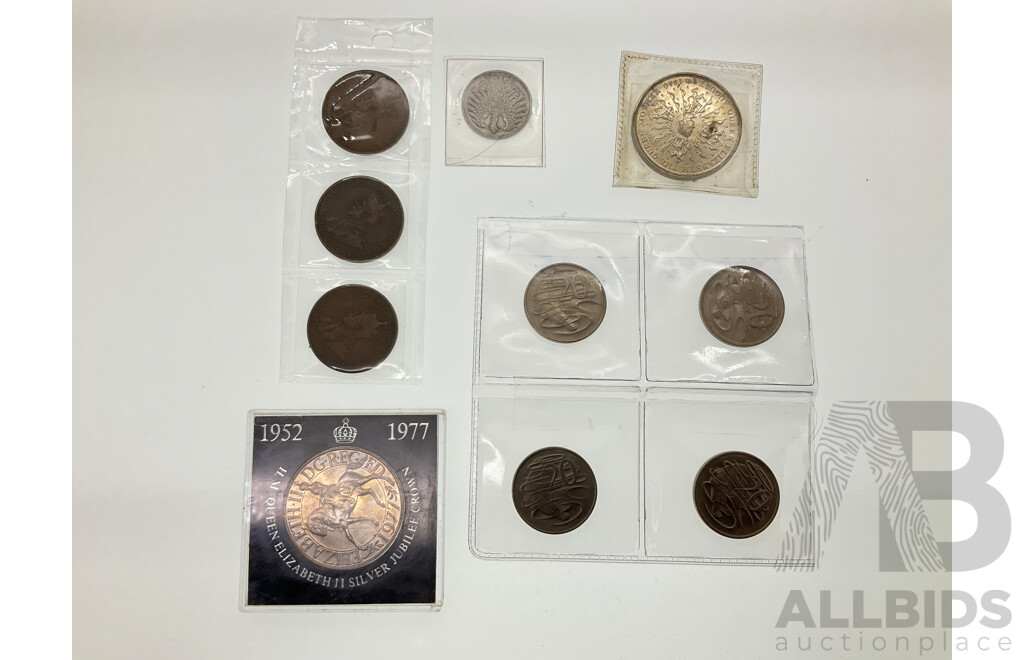 Three Australian KGV Pennies Including 1911, 1912, 1920 Four High Grade Twenty Cents, 1966, 1967, 1970, 1973, United Kingdom 1977 Jubilee Crown, 1980 Queen Mother Crown, Austria 1947 One Shilling