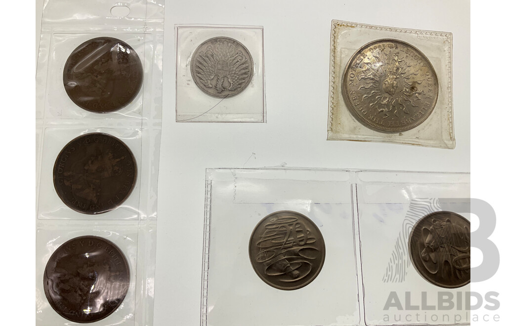 Three Australian KGV Pennies Including 1911, 1912, 1920 Four High Grade Twenty Cents, 1966, 1967, 1970, 1973, United Kingdom 1977 Jubilee Crown, 1980 Queen Mother Crown, Austria 1947 One Shilling