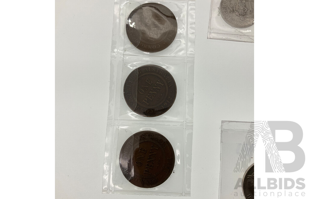 Three Australian KGV Pennies Including 1911, 1912, 1920 Four High Grade Twenty Cents, 1966, 1967, 1970, 1973, United Kingdom 1977 Jubilee Crown, 1980 Queen Mother Crown, Austria 1947 One Shilling