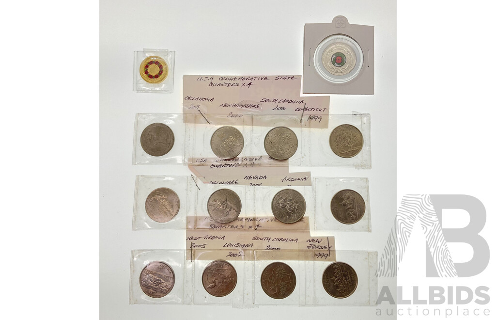 Australian 2025 Two Dollars, Remembering WW2 Eighty Years, Twelve USA Commemorative State Quarters Spanning 1999 to 2011 and New Zealand 2018 Fifty Cent, Armistice Century