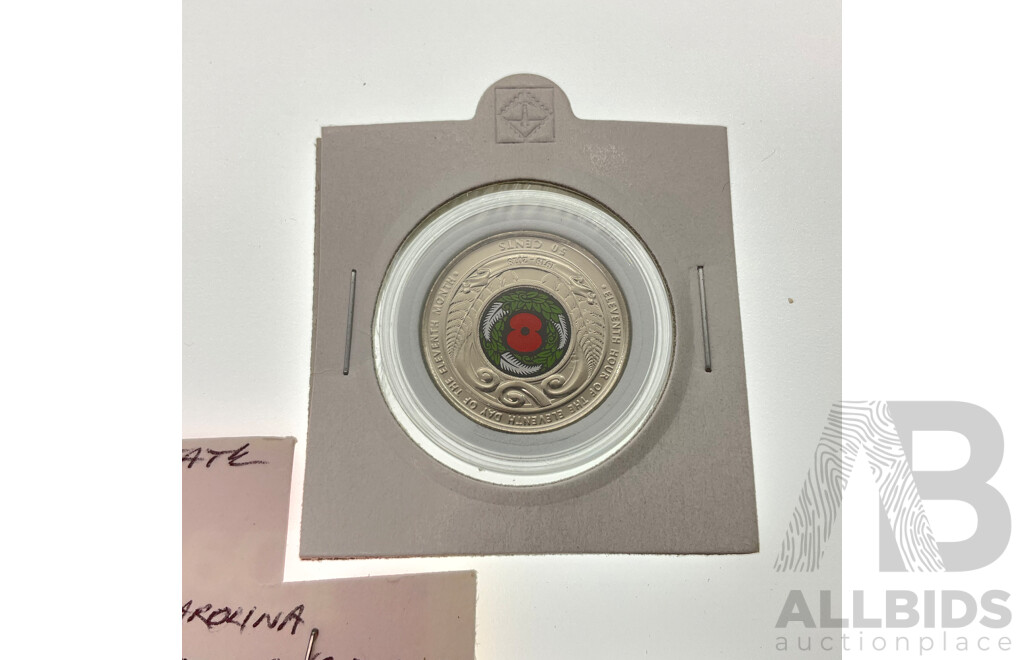 Australian 2025 Two Dollars, Remembering WW2 Eighty Years, Twelve USA Commemorative State Quarters Spanning 1999 to 2011 and New Zealand 2018 Fifty Cent, Armistice Century