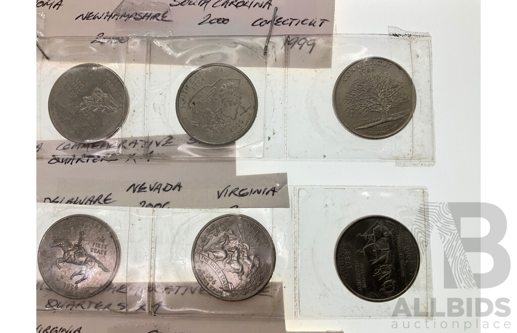 Australian 2025 Two Dollars, Remembering WW2 Eighty Years, Twelve USA Commemorative State Quarters Spanning 1999 to 2011 and New Zealand 2018 Fifty Cent, Armistice Century