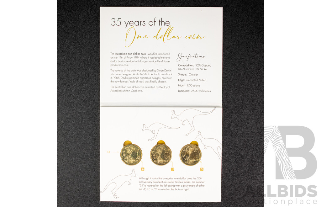 Three Australian 2019 One Dollar Coins Commemorating Thirty Five Years of the One Dollar Coin with A, U, S and 35 Privy Marks