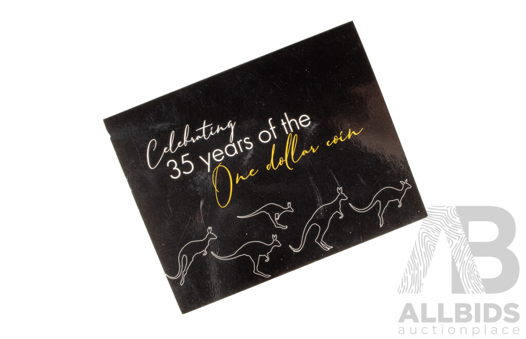 Three Australian 2019 One Dollar Coins Commemorating Thirty Five Years of the One Dollar Coin with A, U, S and 35 Privy Marks