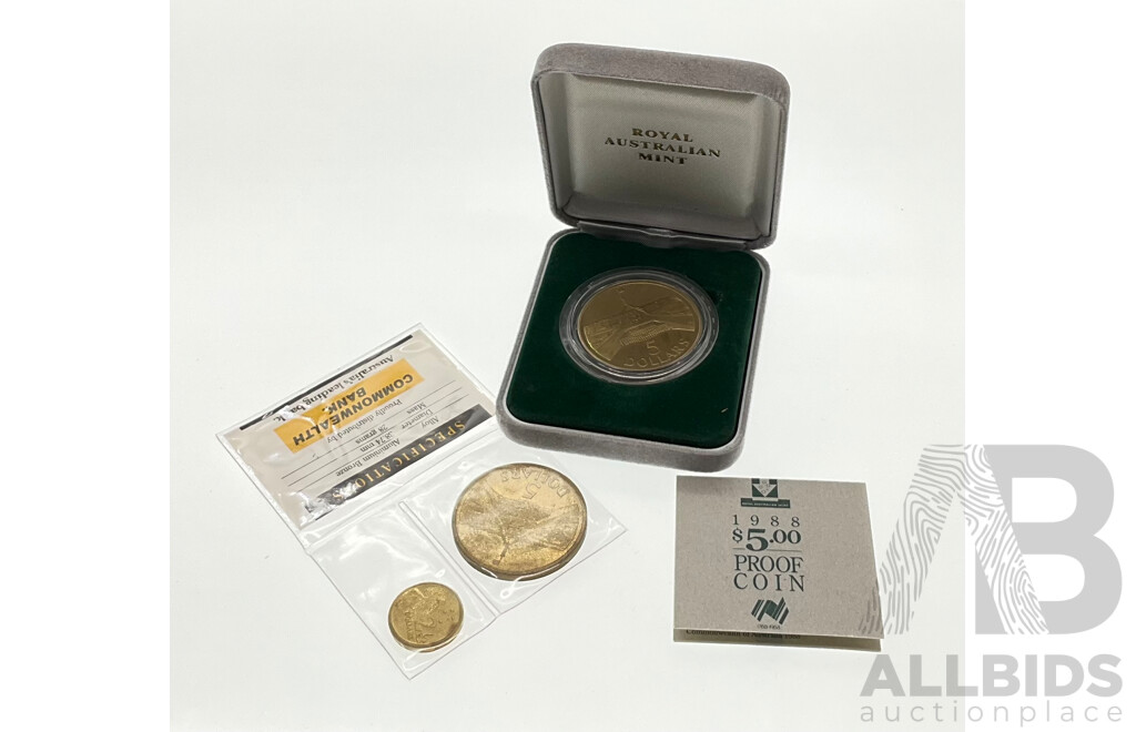 Australian 1988 Proof Five Dollar Coin with 1988 UNC Five Dollar Coin and 1988 Two Dollar