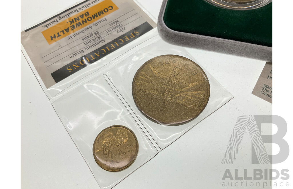 Australian 1988 Proof Five Dollar Coin with 1988 UNC Five Dollar Coin and 1988 Two Dollar