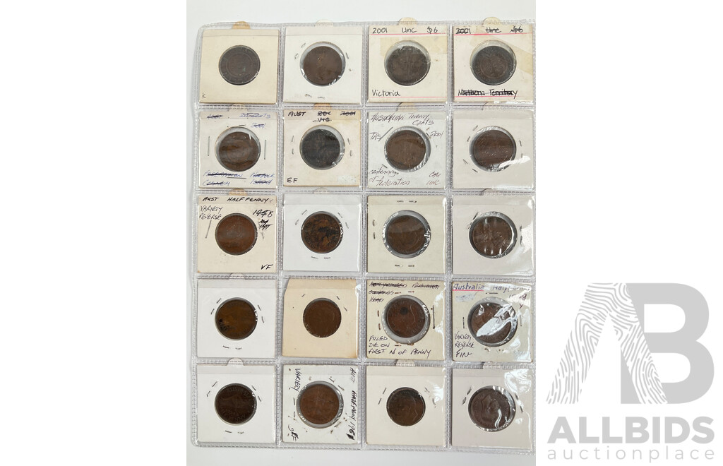 Twenty Australian Half Pennies, Examples Spanning 1917 to 1961