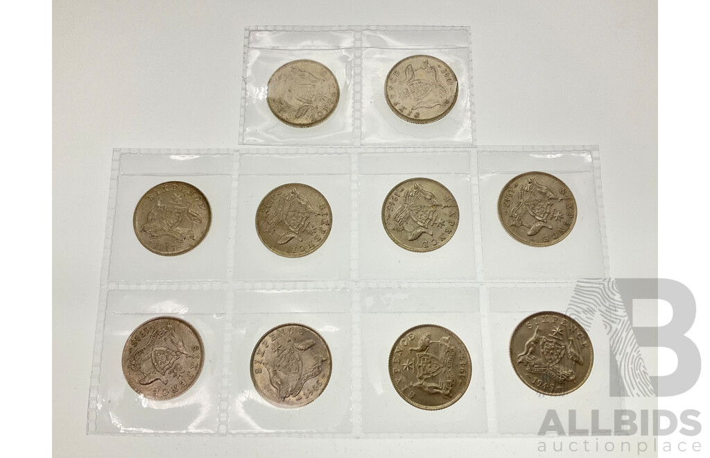 Ten Australian KGVI 1945 Silver Sixpence, All High Grade .925
