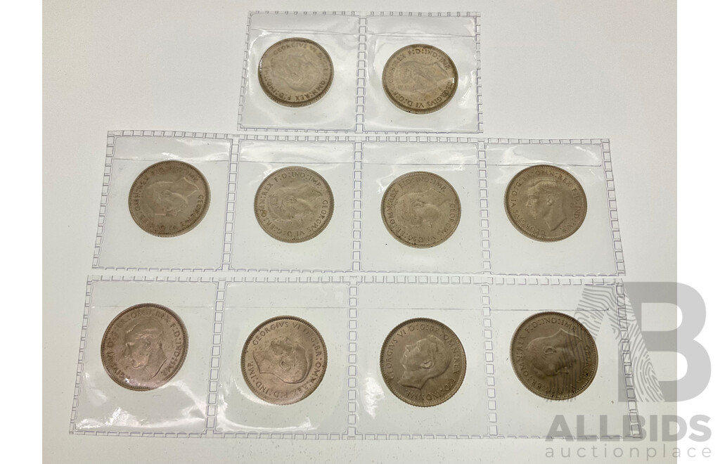 Ten Australian KGVI 1945 Silver Sixpence, All High Grade .925