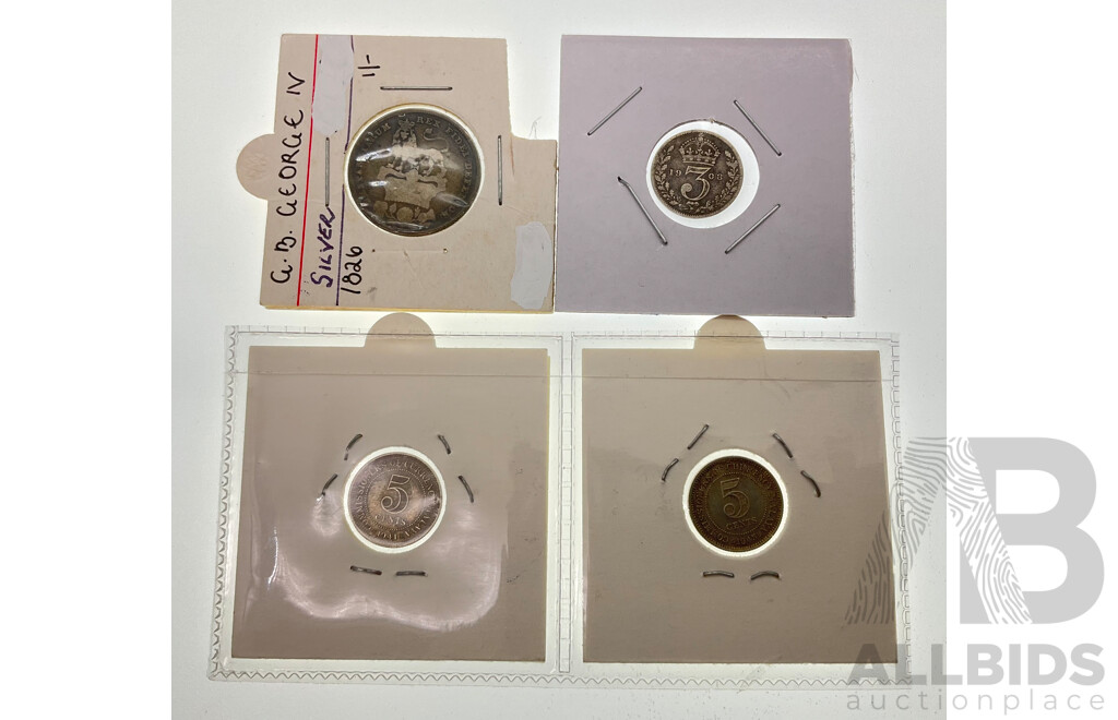 United Kingdom 1826 KGIV Silver Shilling, 1908 KEVII Silver Threepence, Malaysia 1941 and 1945 Silver Five Cents
