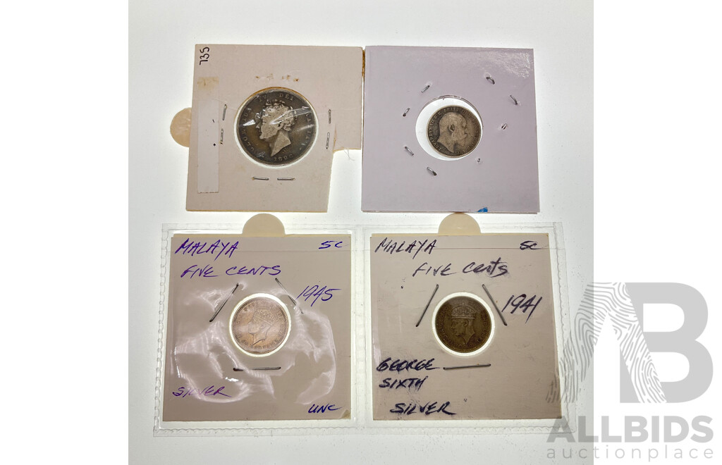 United Kingdom 1826 KGIV Silver Shilling, 1908 KEVII Silver Threepence, Malaysia 1941 and 1945 Silver Five Cents