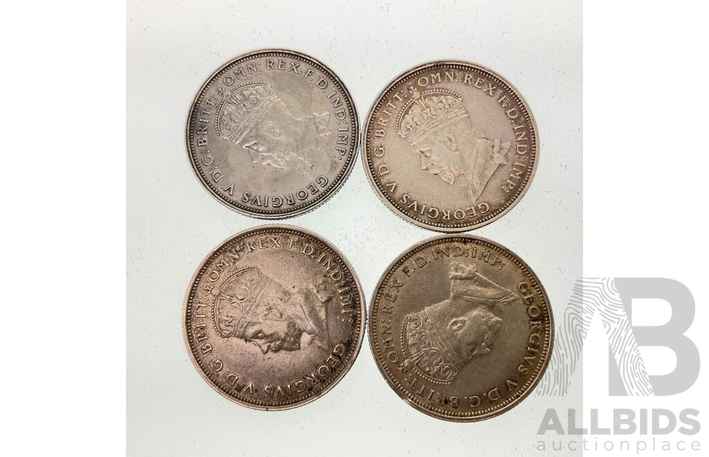 Four Australian 1927 KGV Silver Florins, Commemorative Canberra .925