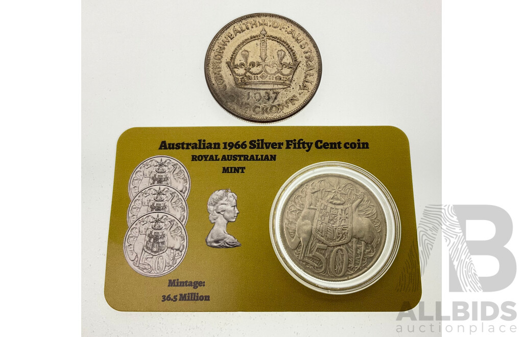 Australian 1937 KGV Silver Crown and 1966 Round Fifty Cent Coin