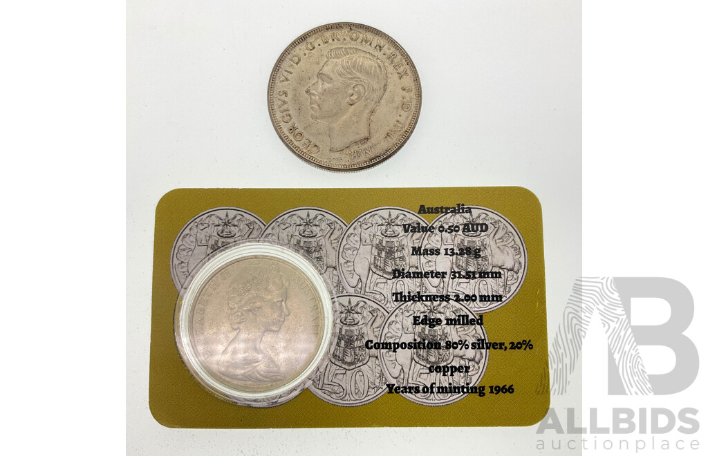 Australian 1937 KGV Silver Crown and 1966 Round Fifty Cent Coin