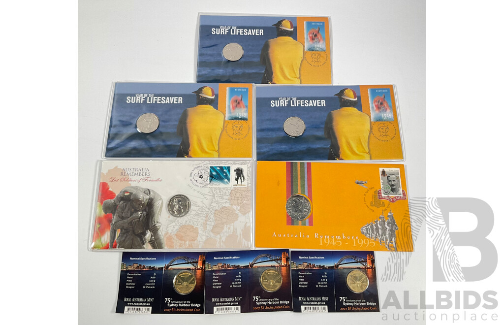Three Australian 2007 UNC One Dollar Coins, Sydney Harbour Bridge, M Mint Mark with Four PNCs Including 1995 Weary Dunlop, 2010 Australia Remembers, Three 2007 Year of the Lifesaver