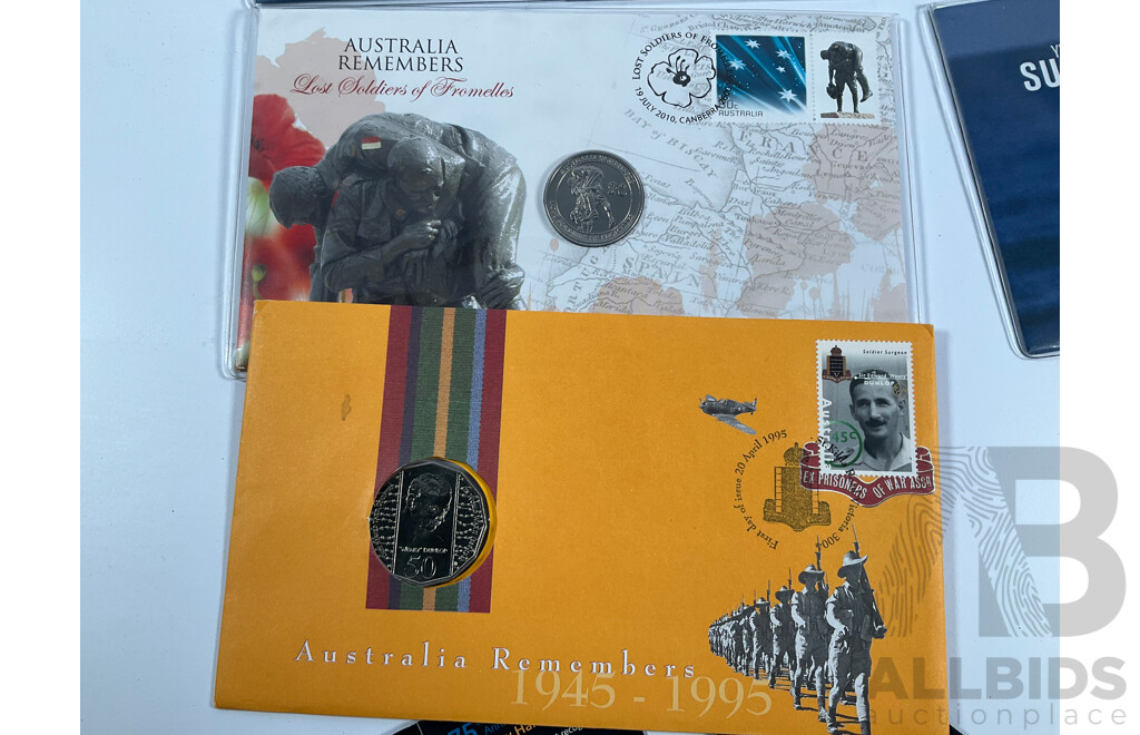 Three Australian 2007 UNC One Dollar Coins, Sydney Harbour Bridge, M Mint Mark with Four PNCs Including 1995 Weary Dunlop, 2010 Australia Remembers, Three 2007 Year of the Lifesaver